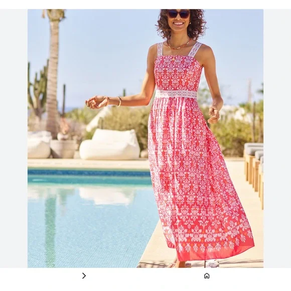 Talbots Pink Floral Maxi Dress with White Lace Accents - Picture 2 of 4